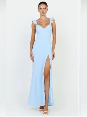 NWT Showpo Pale Blue Ruffle Strap Back Tie Front Slit Maxi Dress size 4